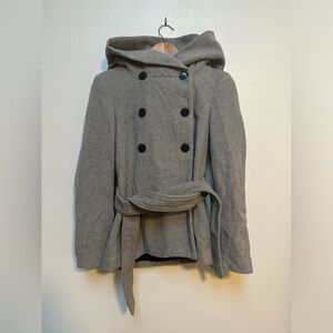 Vintage Zara Wool Blend Gray Women’s Tie Waist Coat with Oversized Hood